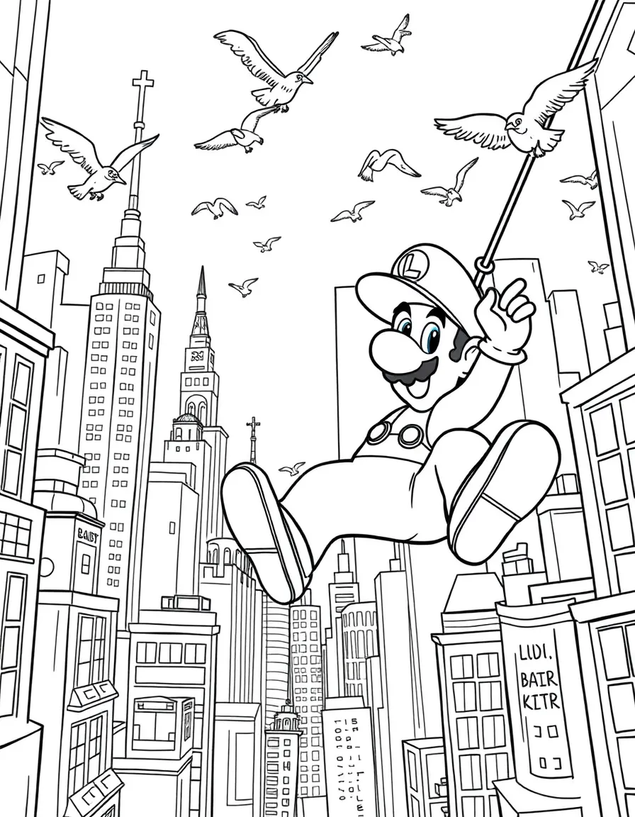 A fun and detailed coloring page of Luigi swinging through a city full of tall buildings and birds.