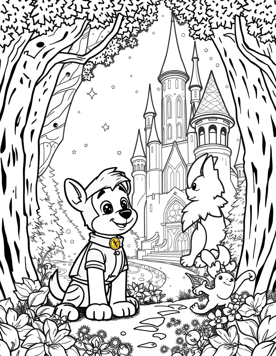 A fantasy background of Chase in a magical forest or castle, with sparkles and mystical creatures.