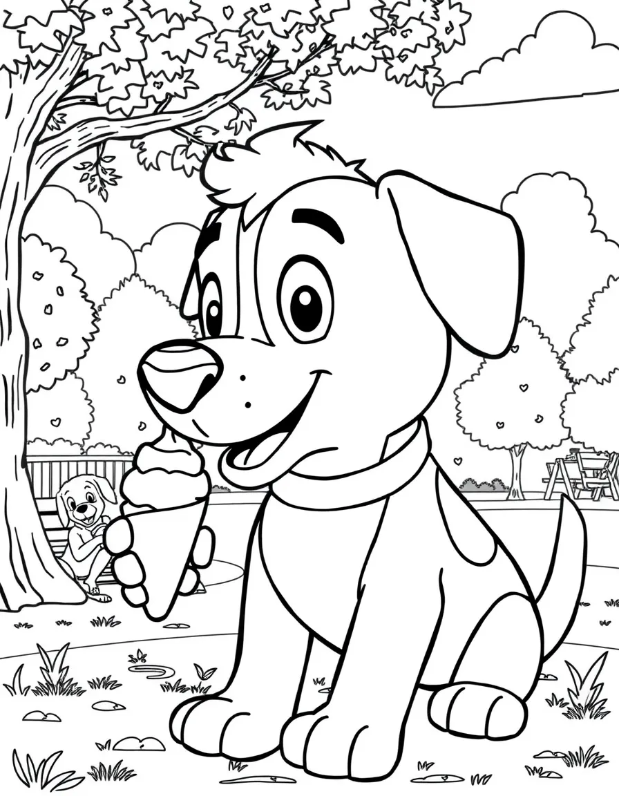 Marshall enjoying a day off, eating ice cream or playing with friends in a park setting.
