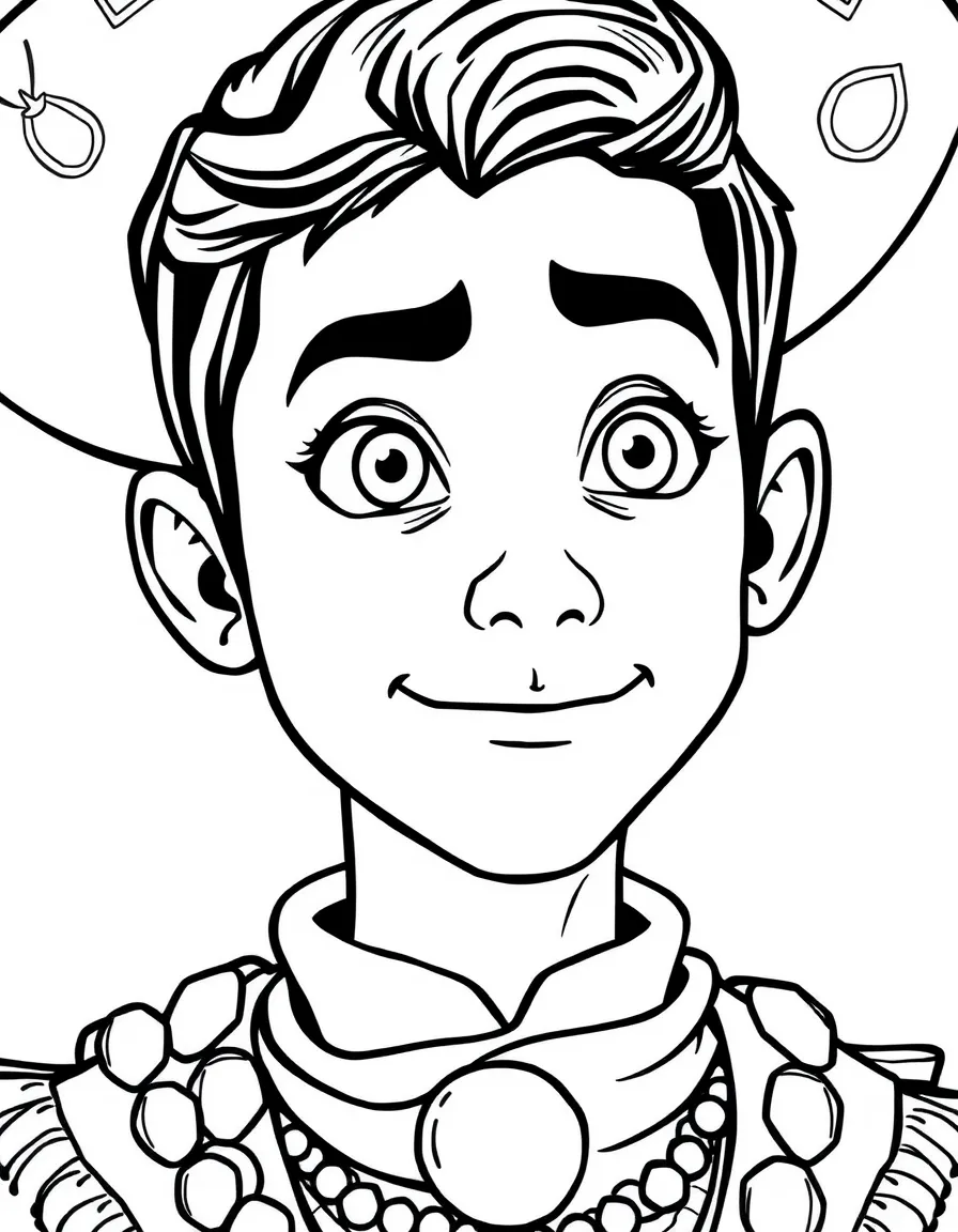 A close-up of Miguel's face in bold lines with expressive eyes and detailed costume elements.