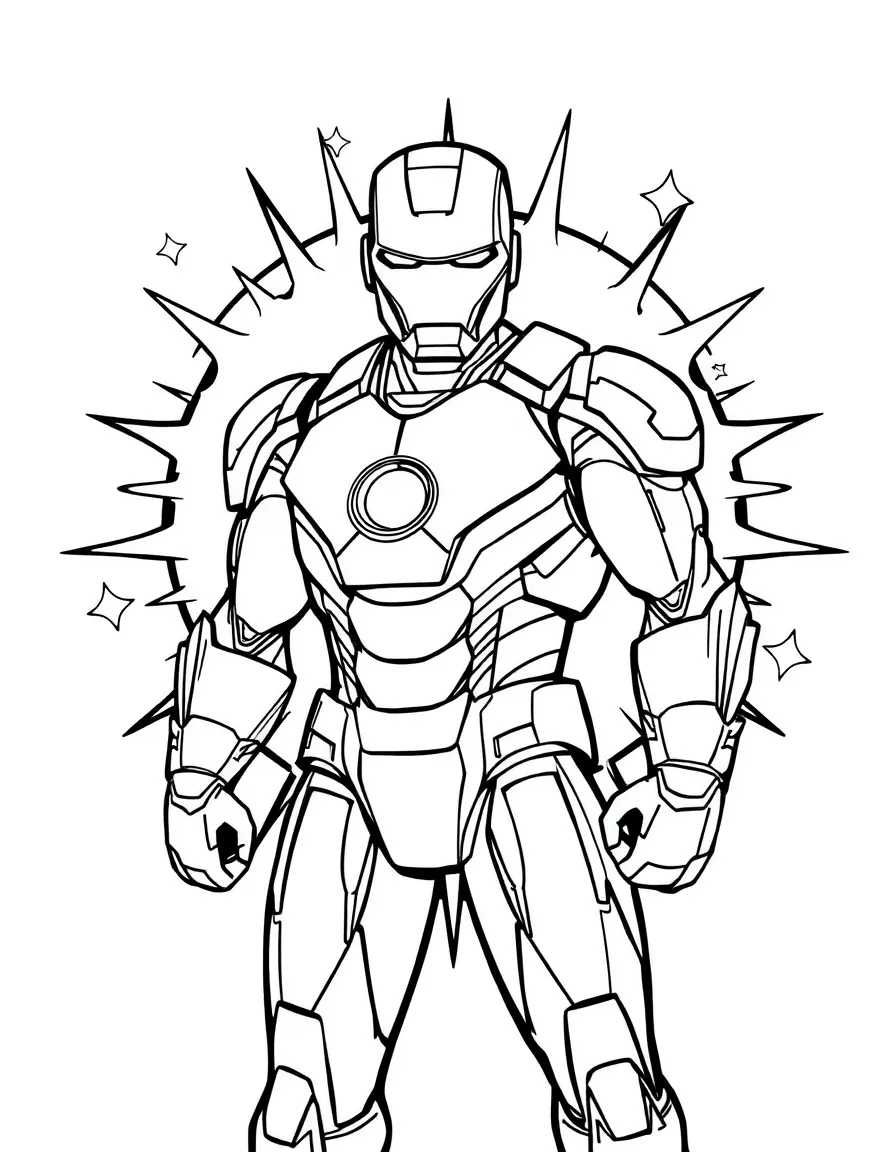 Iron Man standing proudly in front of their iconic logo with stars and comic-style effects around.