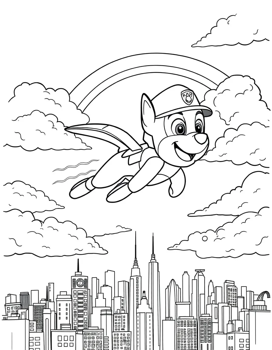 Chase flying through the clouds with a rainbow behind and city skyline below.