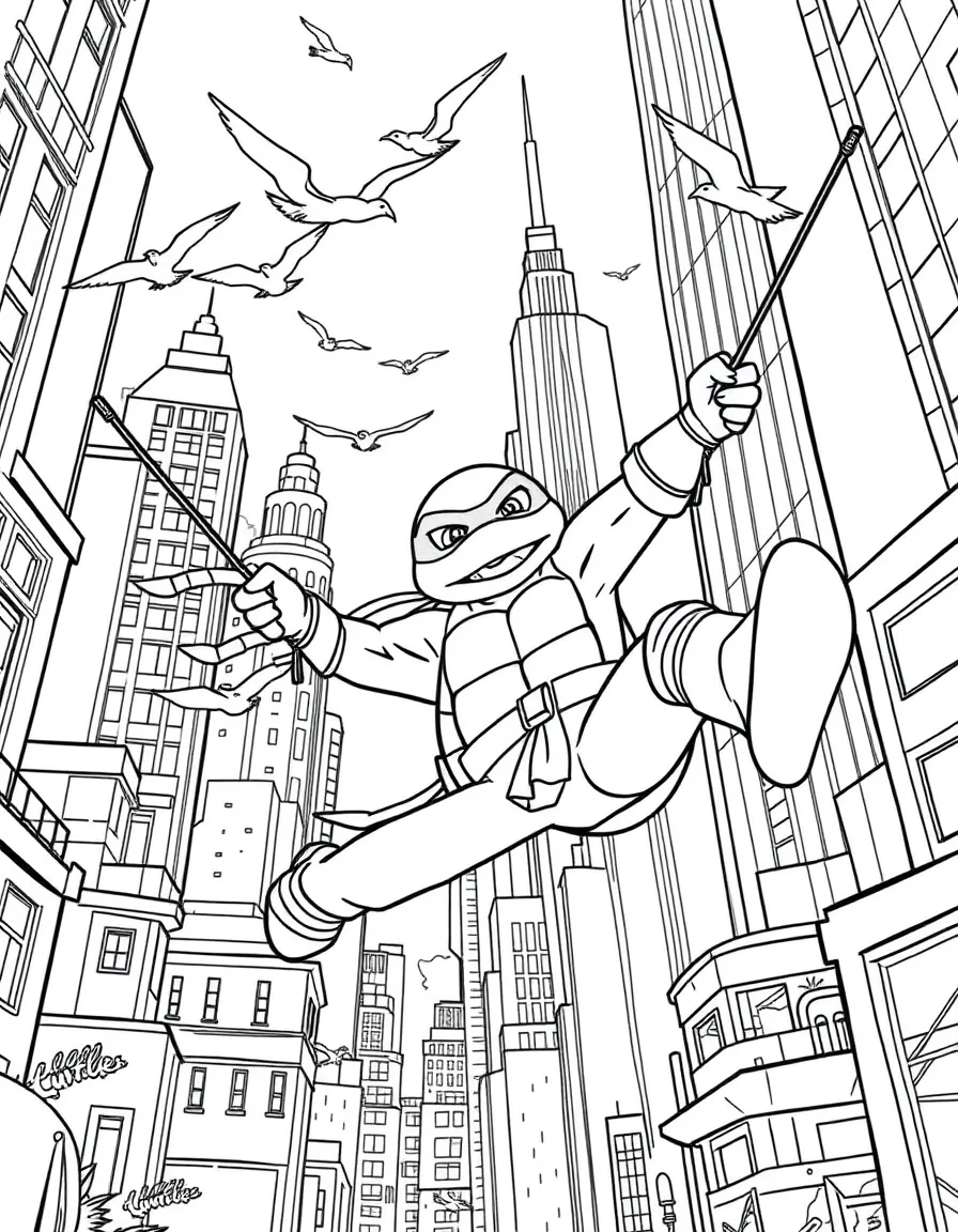A fun and detailed coloring page of Teenage Mutant Ninja Turtles swinging through a city full of tall buildings and birds.