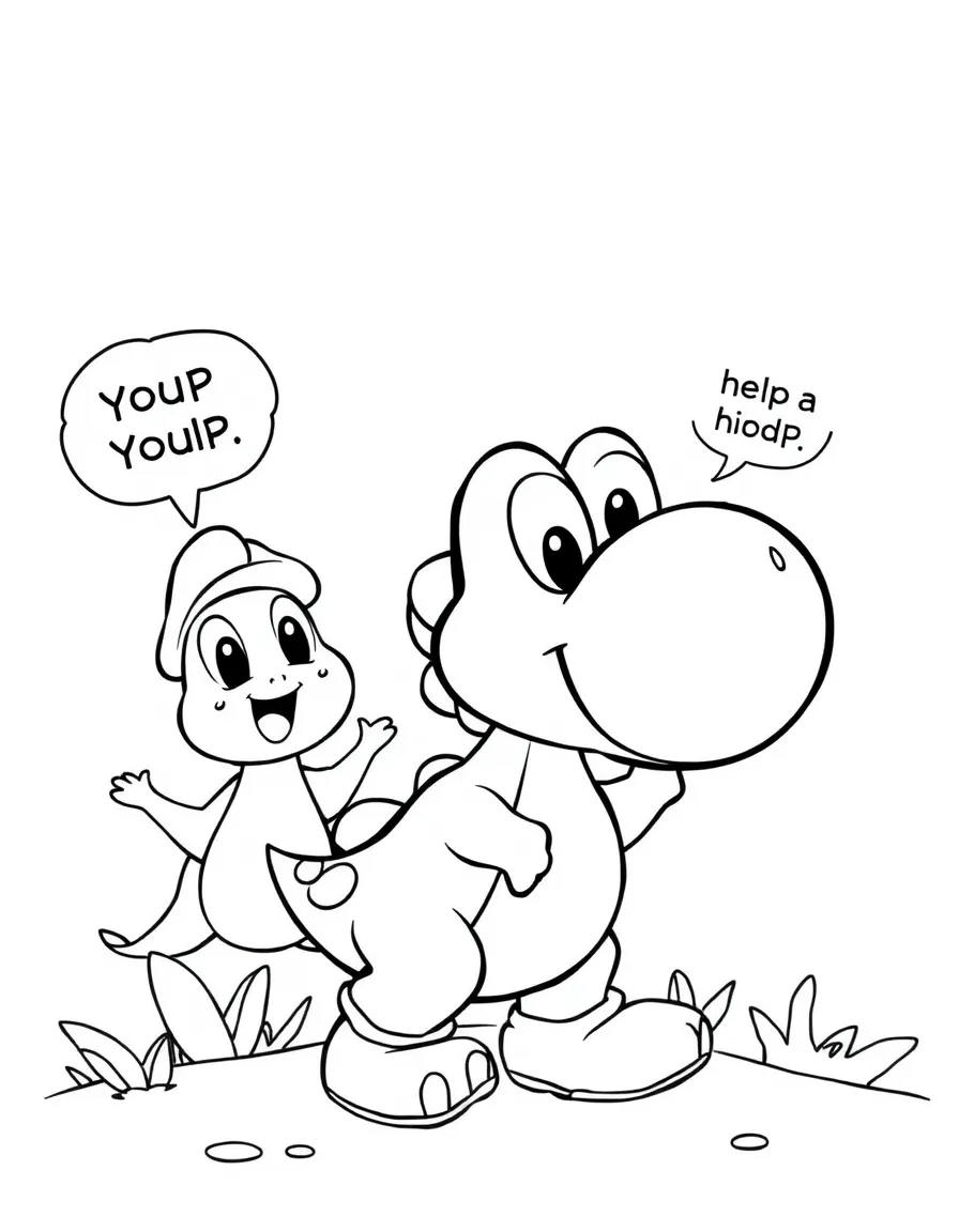 A cartoon-style drawing of Yoshi helping friends, with speech bubbles and cheerful faces.