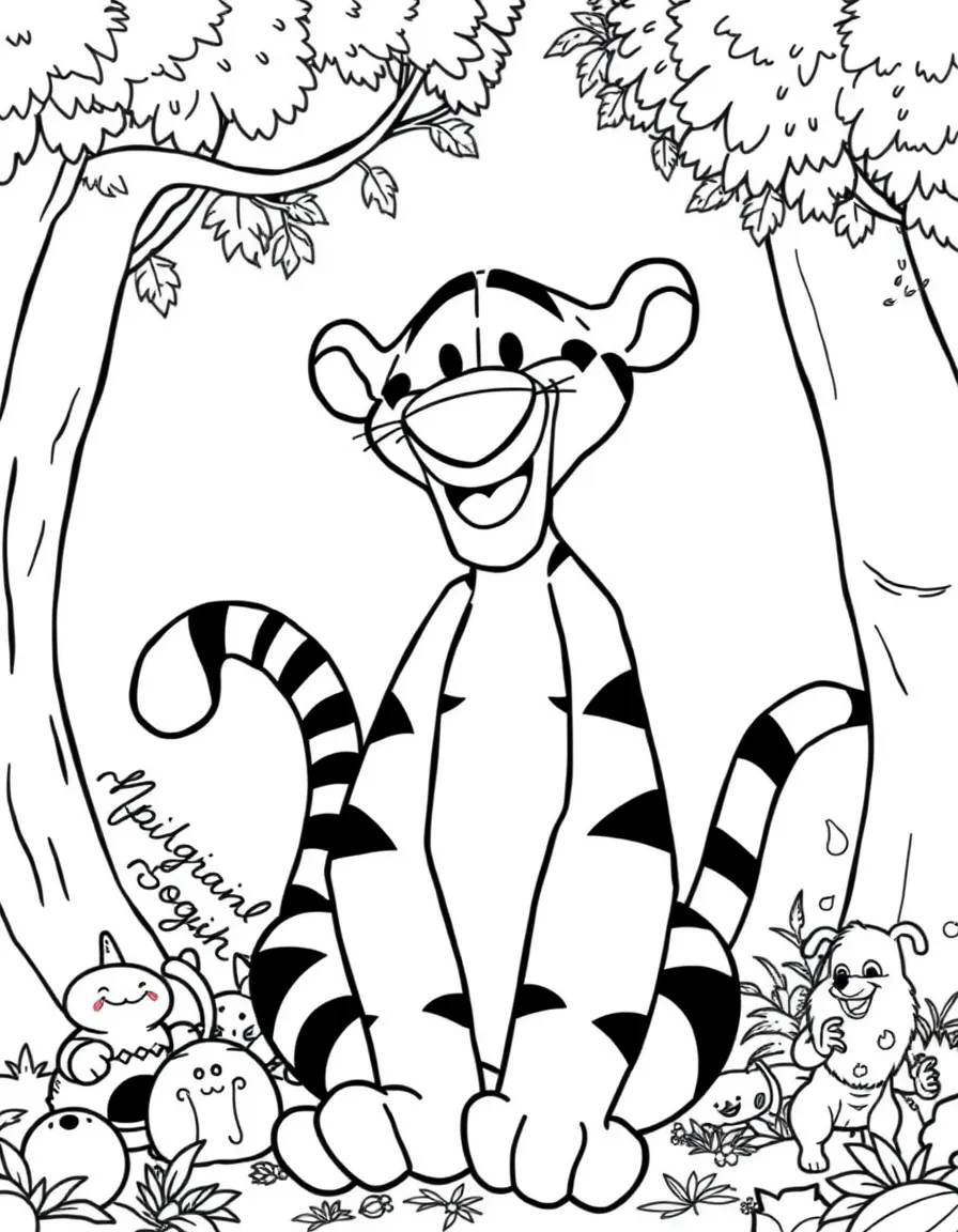 Tigger smiling and posing with their sidekicks, surrounded by trees, toys, or fun backgrounds.