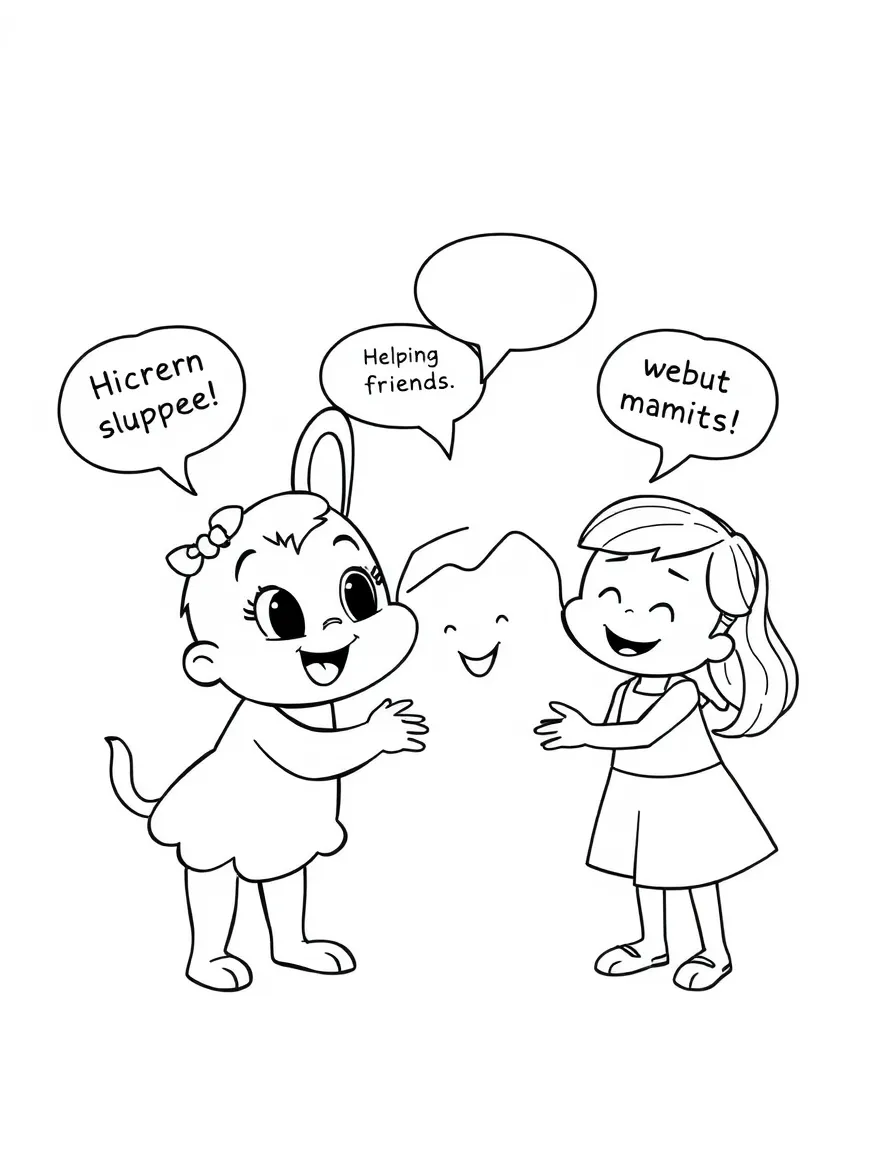 A cartoon-style drawing of Mirabel helping friends, with speech bubbles and cheerful faces.