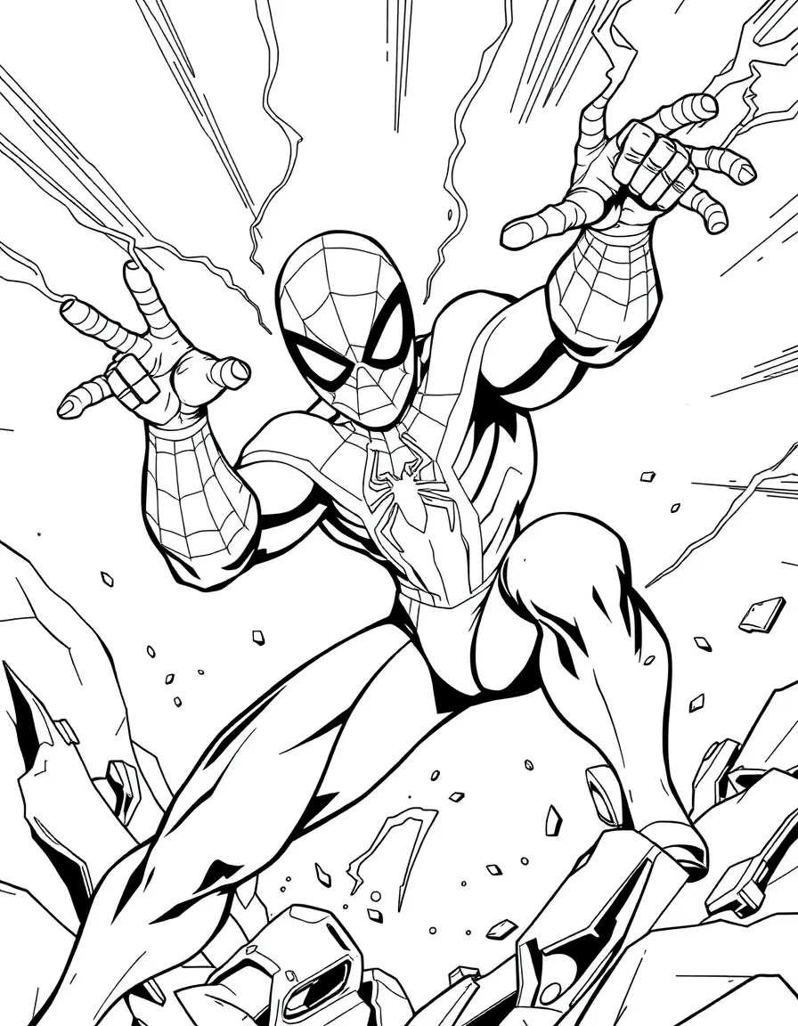 An action-packed scene of Spiderman using their special powers in a dramatic battle pose.