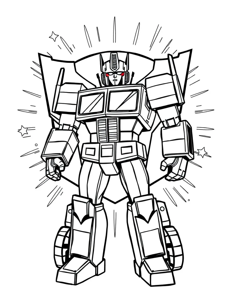 Optimus Prime standing proudly in front of their iconic logo with stars and comic-style effects around.