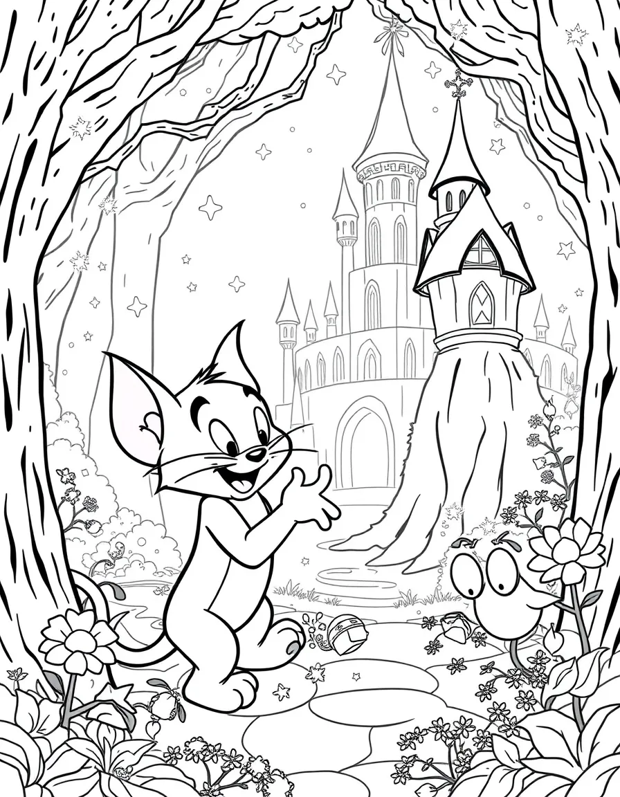 A fantasy background of Tom and Jerry in a magical forest or castle, with sparkles and mystical creatures.