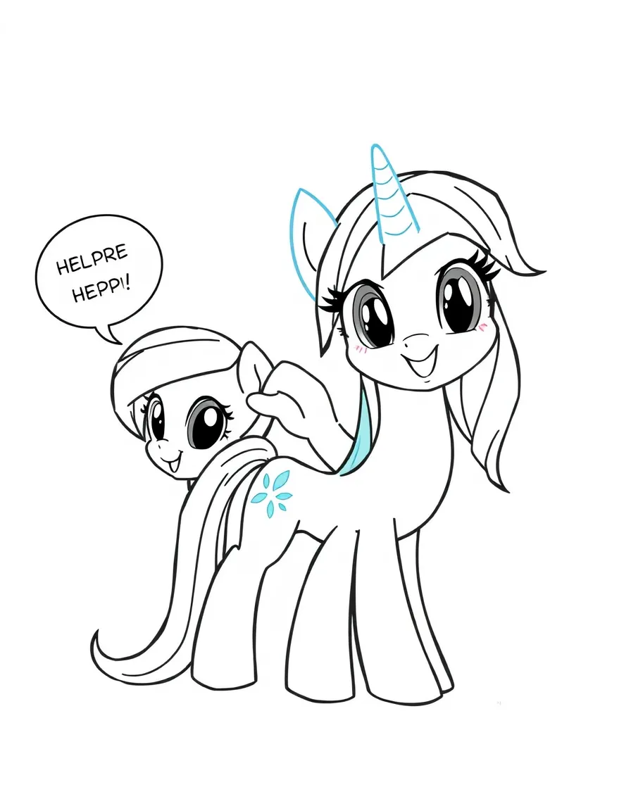 A cartoon-style drawing of Rainbow Dash helping friends, with speech bubbles and cheerful faces.