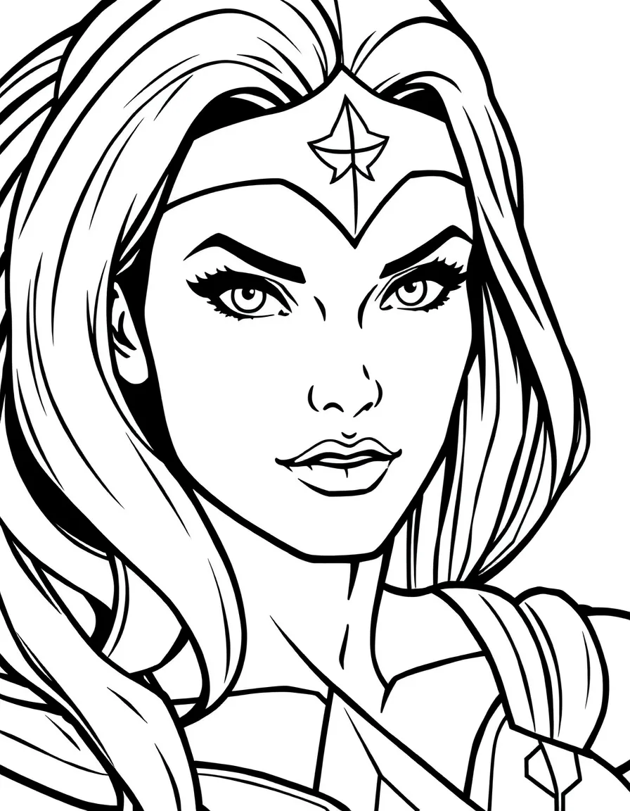 A close-up of Wonder Woman's face in bold lines with expressive eyes and detailed costume elements.