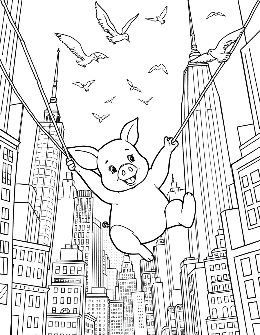A fun and detailed coloring page of Piglet swinging through a city full of tall buildings and birds.