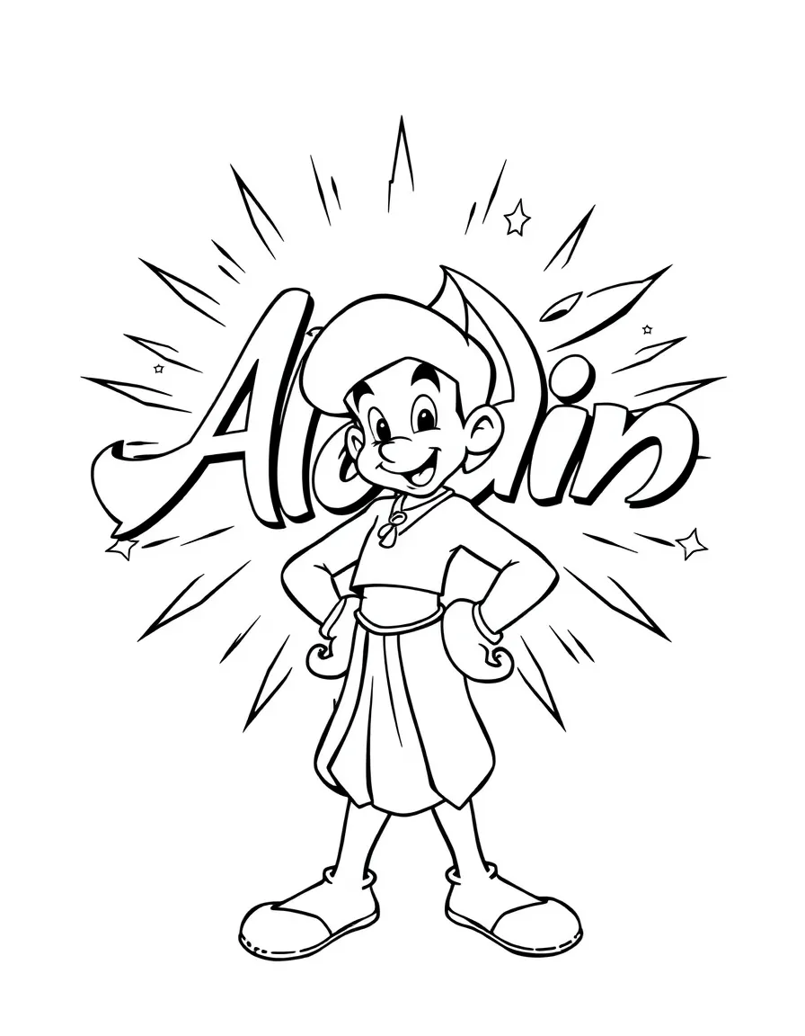 Aladdin standing proudly in front of their iconic logo with stars and comic-style effects around.