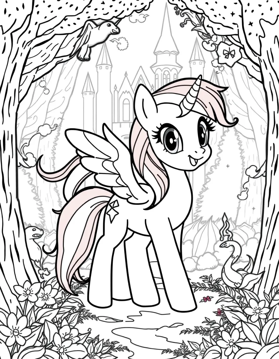 A fantasy background of Rainbow Dash in a magical forest or castle, with sparkles and mystical creatures.
