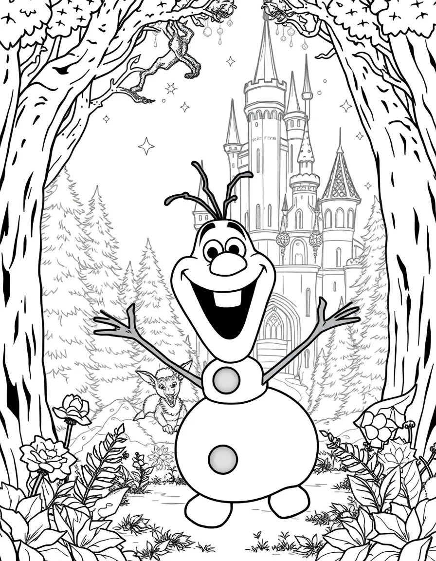 A fantasy background of Olaf in a magical forest or castle, with sparkles and mystical creatures.