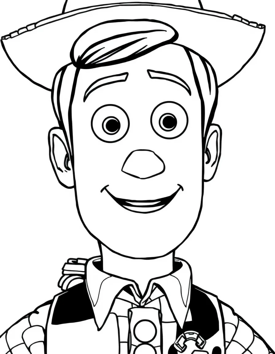 A close-up of Woody's face in bold lines with expressive eyes and detailed costume elements.