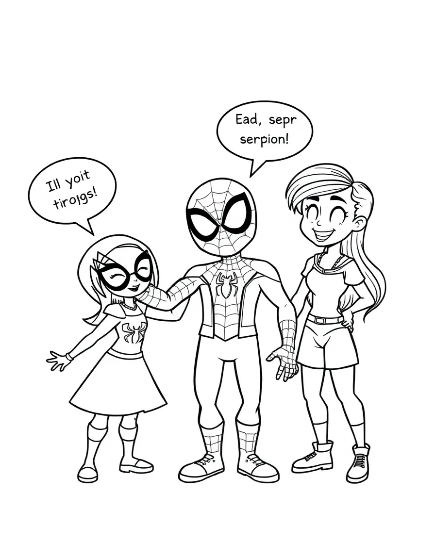 A cartoon-style drawing of Spiderman helping friends, with speech bubbles and cheerful faces.