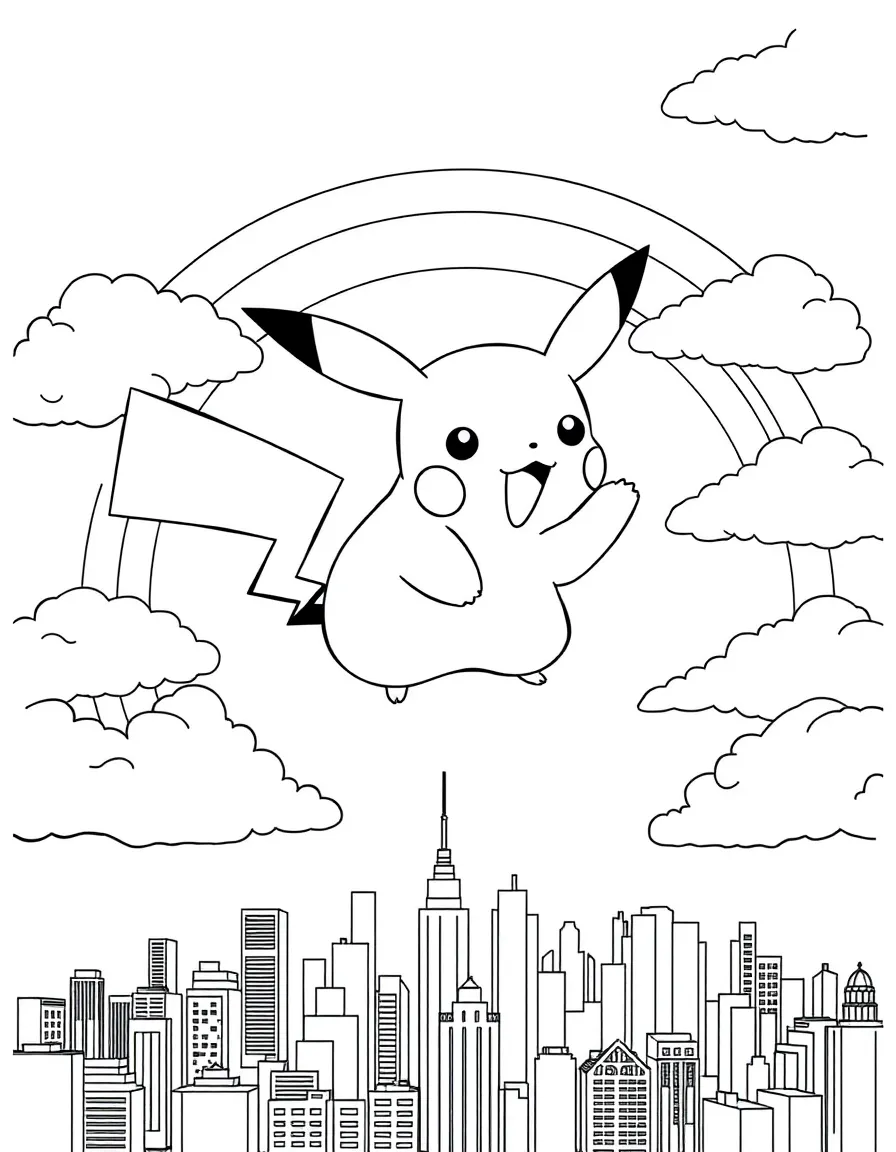 Pikachu flying through the clouds with a rainbow behind and city skyline below.