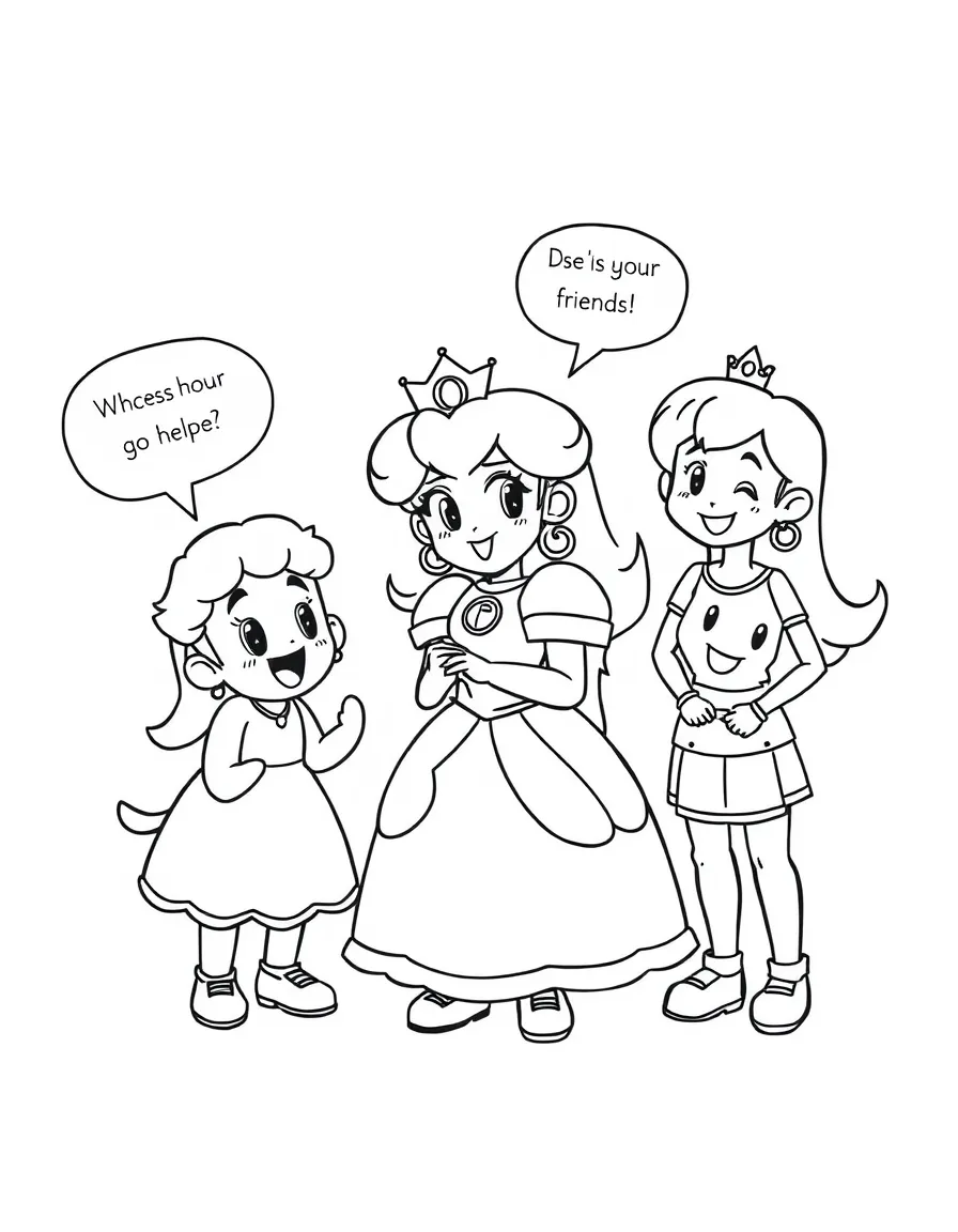 A cartoon-style drawing of Princess Peach helping friends, with speech bubbles and cheerful faces.