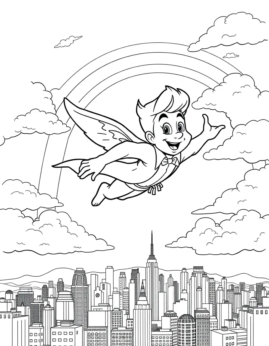 Nick Wilde flying through the clouds with a rainbow behind and city skyline below.