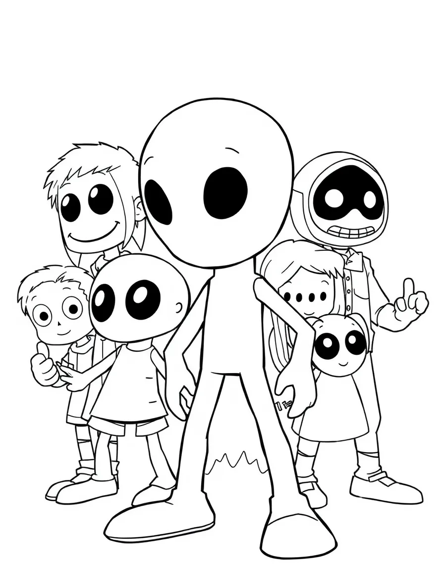 A group coloring page featuring Enderman with other characters from the same show or movie.