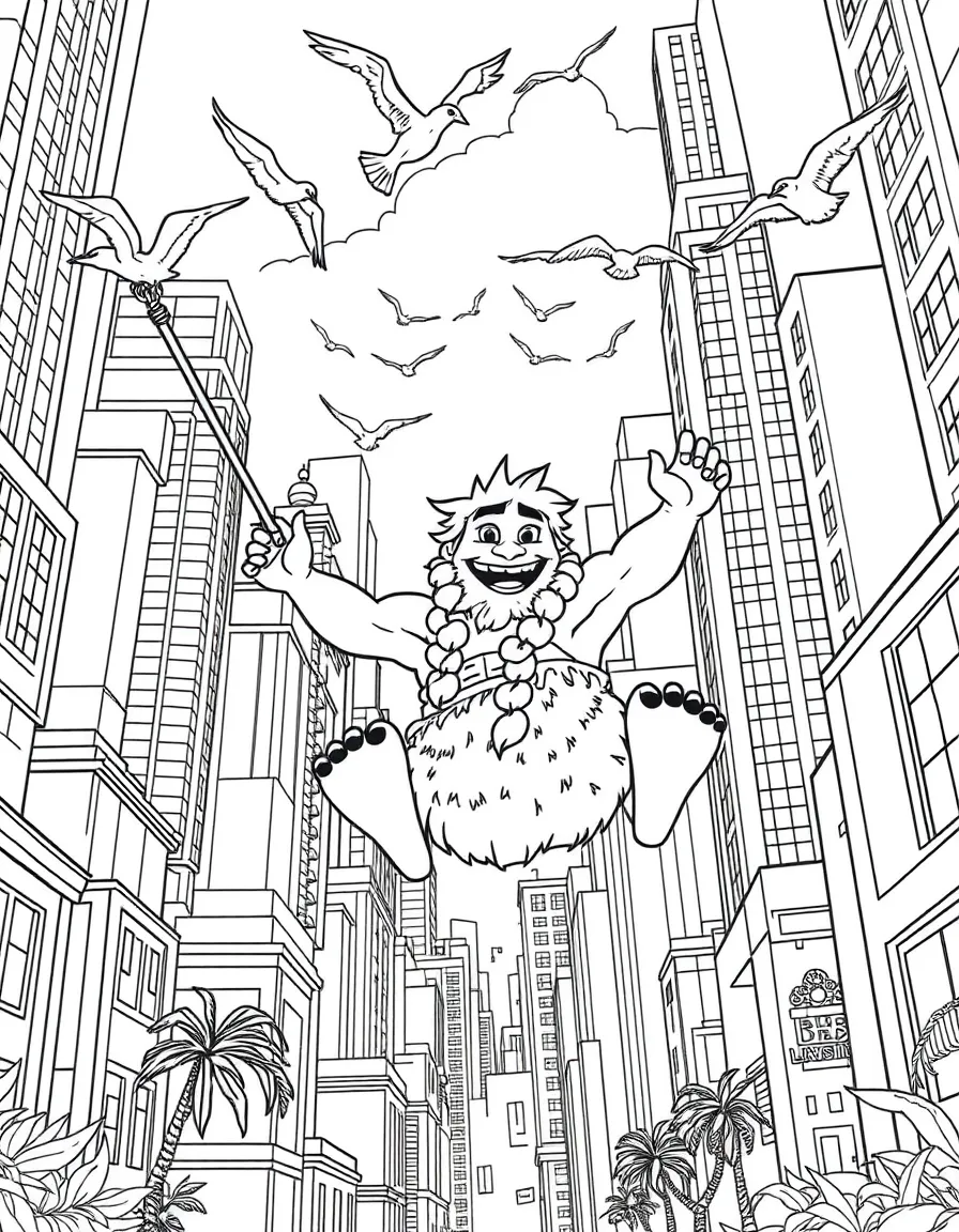 A fun and detailed coloring page of Maui swinging through a city full of tall buildings and birds.