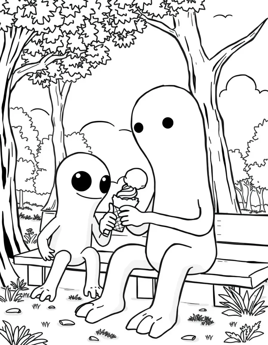 Enderman enjoying a day off, eating ice cream or playing with friends in a park setting.