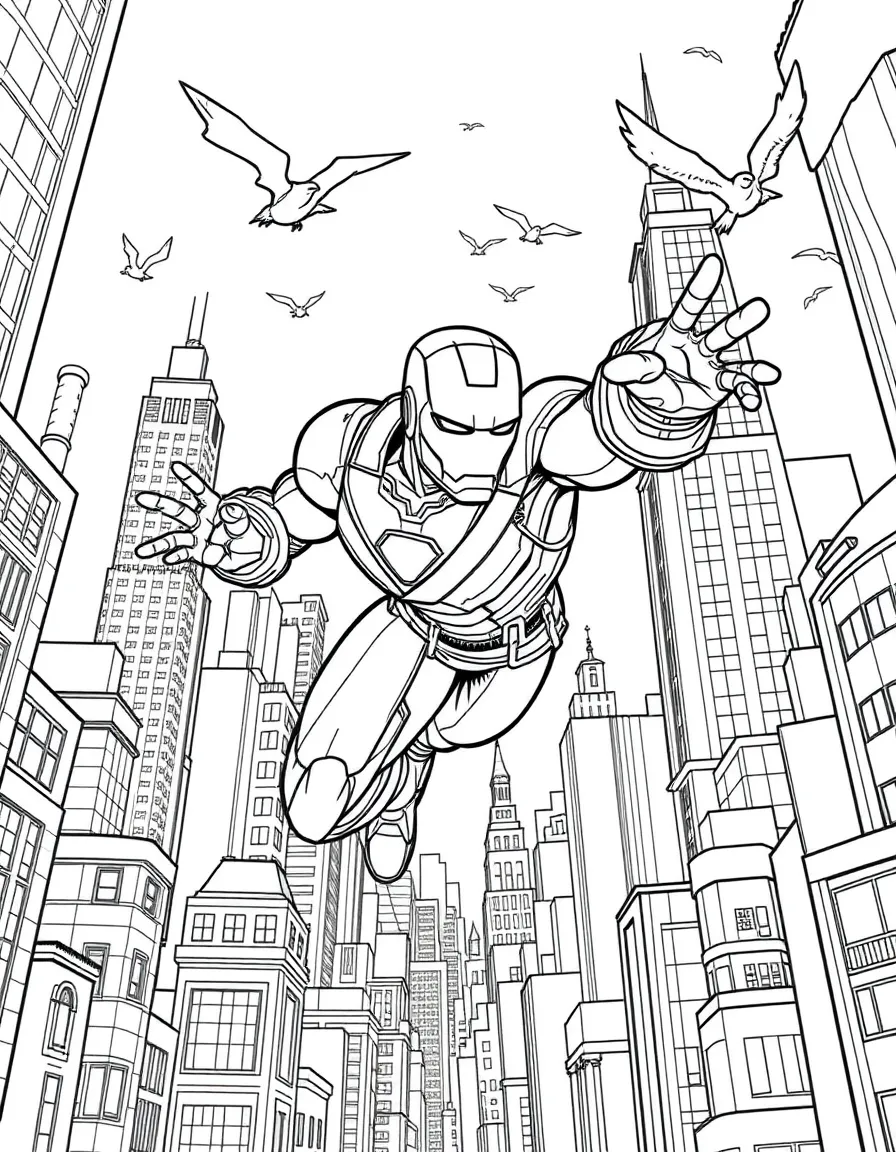 A fun and detailed coloring page of Iron Man swinging through a city full of tall buildings and birds.