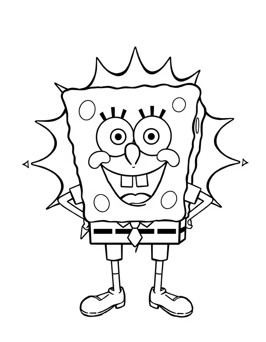 SpongeBob SquarePants standing proudly in front of their iconic logo with stars and comic-style effects around.