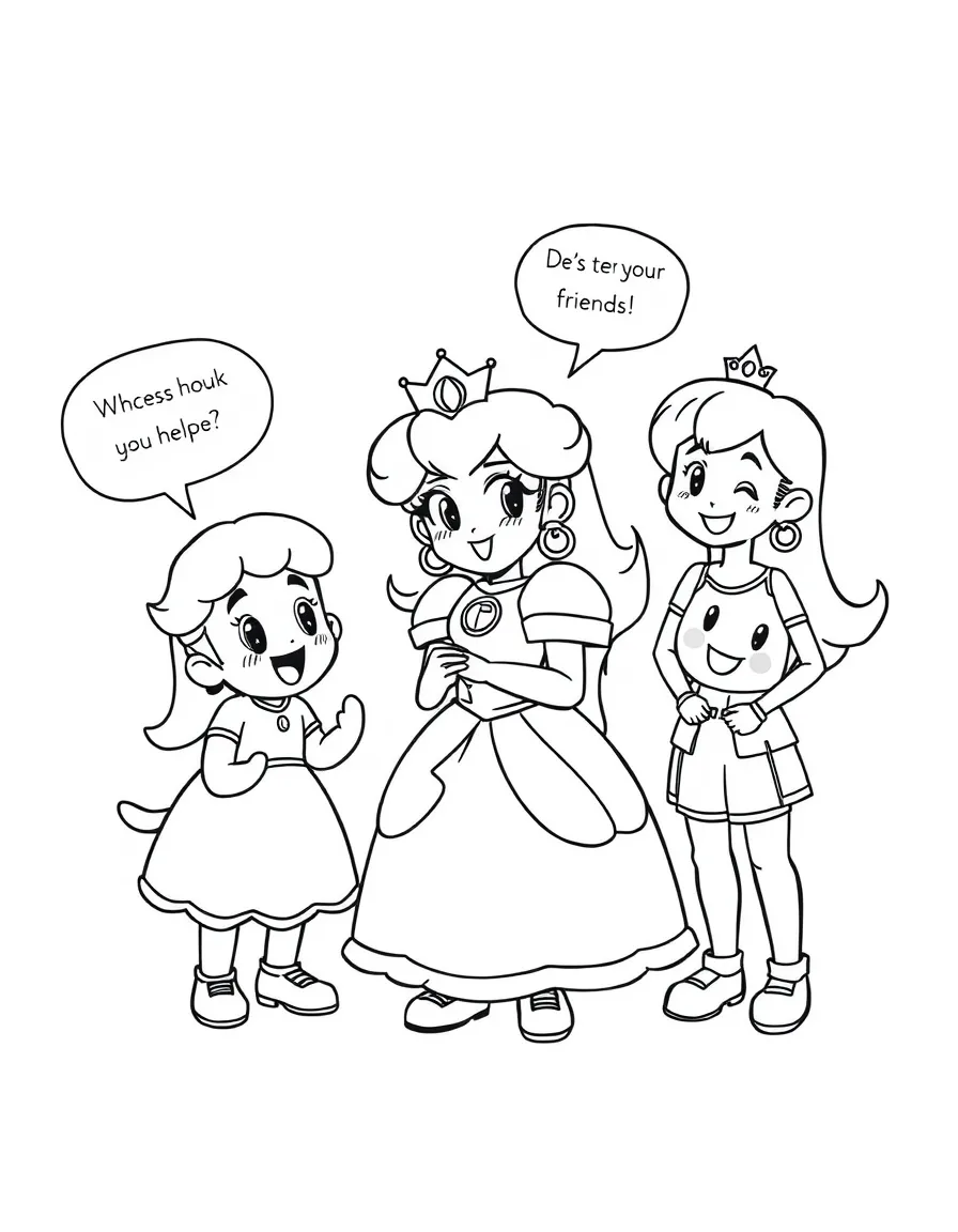 A cartoon-style drawing of Princess Peach helping friends, with speech bubbles and cheerful faces.