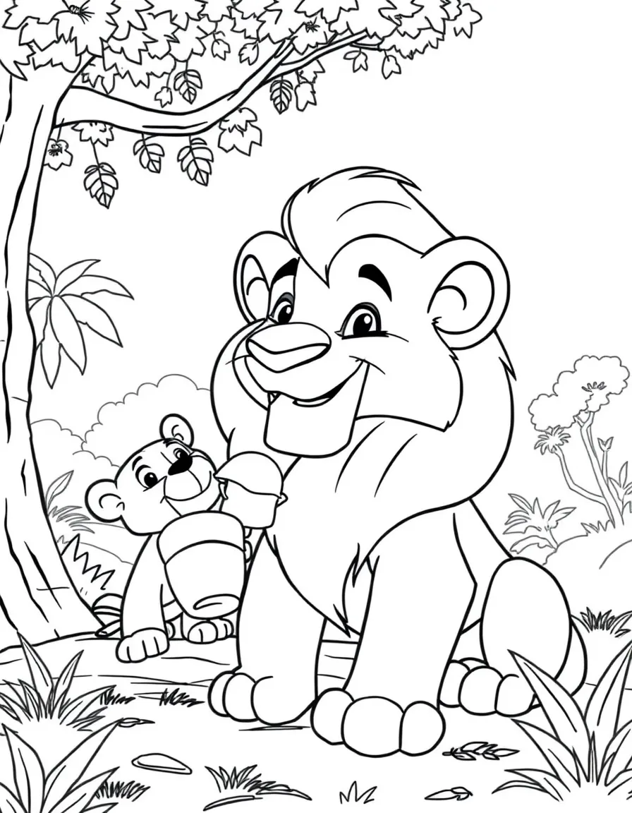 The Lion King enjoying a day off, eating ice cream or playing with friends in a park setting.