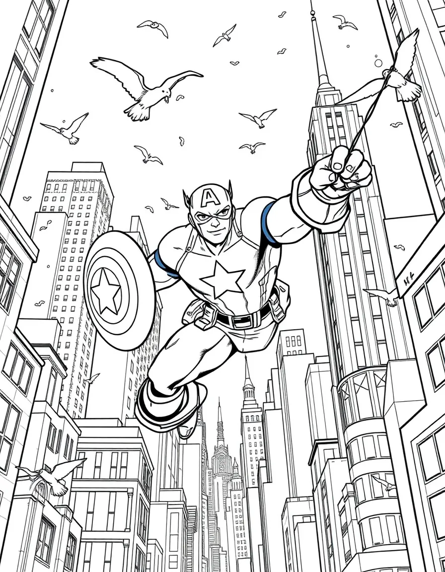 A fun and detailed coloring page of Captain America swinging through a city full of tall buildings and birds.