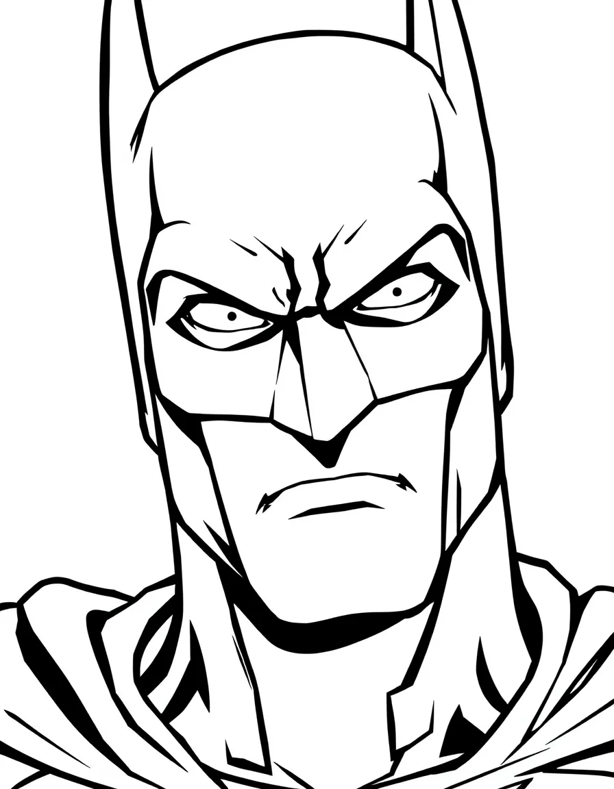 A close-up of Batman's face in bold lines with expressive eyes and detailed costume elements.