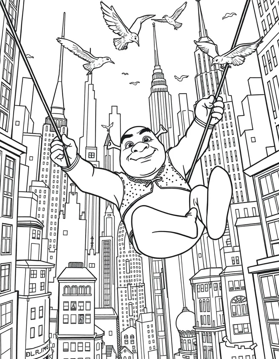 A fun and detailed coloring page of Shrek swinging through a city full of tall buildings and birds.
