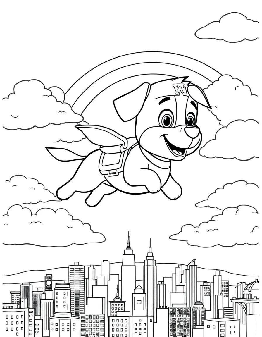 Marshall flying through the clouds with a rainbow behind and city skyline below.