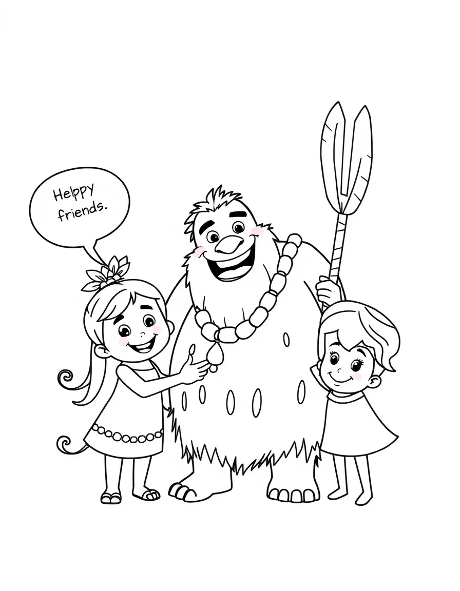 A cartoon-style drawing of Maui helping friends, with speech bubbles and cheerful faces.