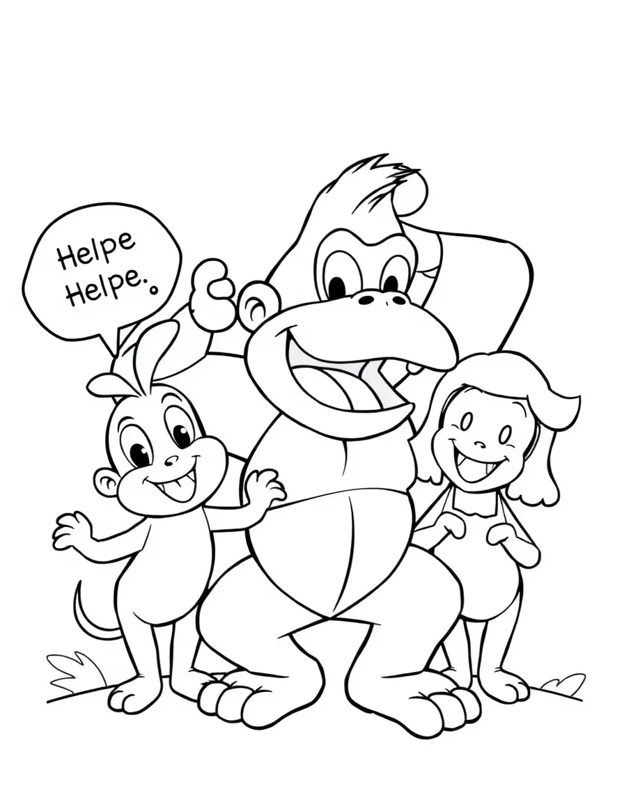 A cartoon-style drawing of Donkey Kong helping friends, with speech bubbles and cheerful faces.