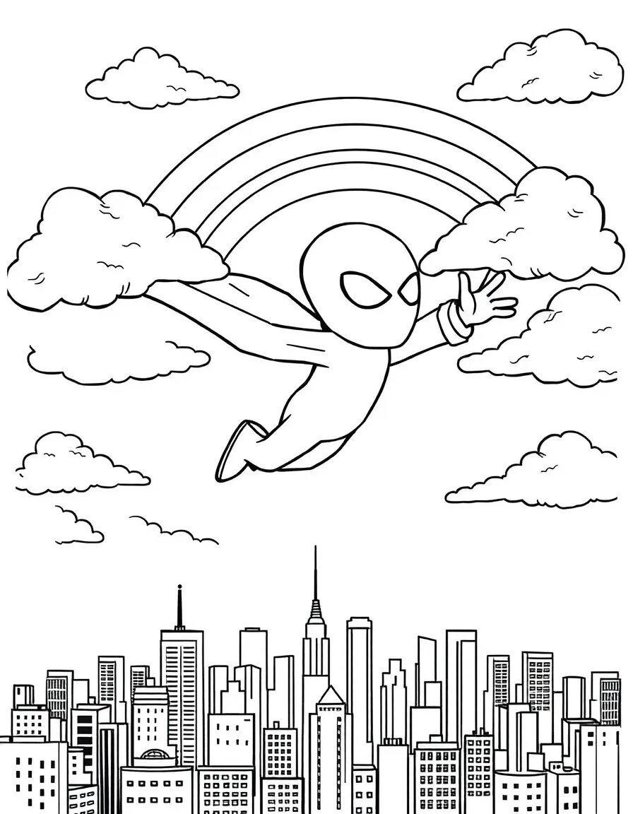 Enderman flying through the clouds with a rainbow behind and city skyline below.