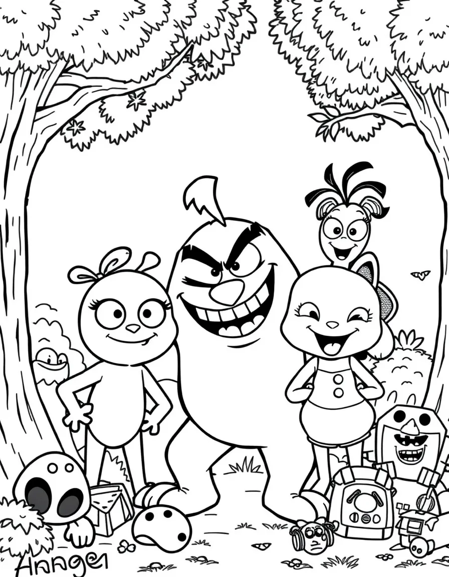 Anger smiling and posing with their sidekicks, surrounded by trees, toys, or fun backgrounds.