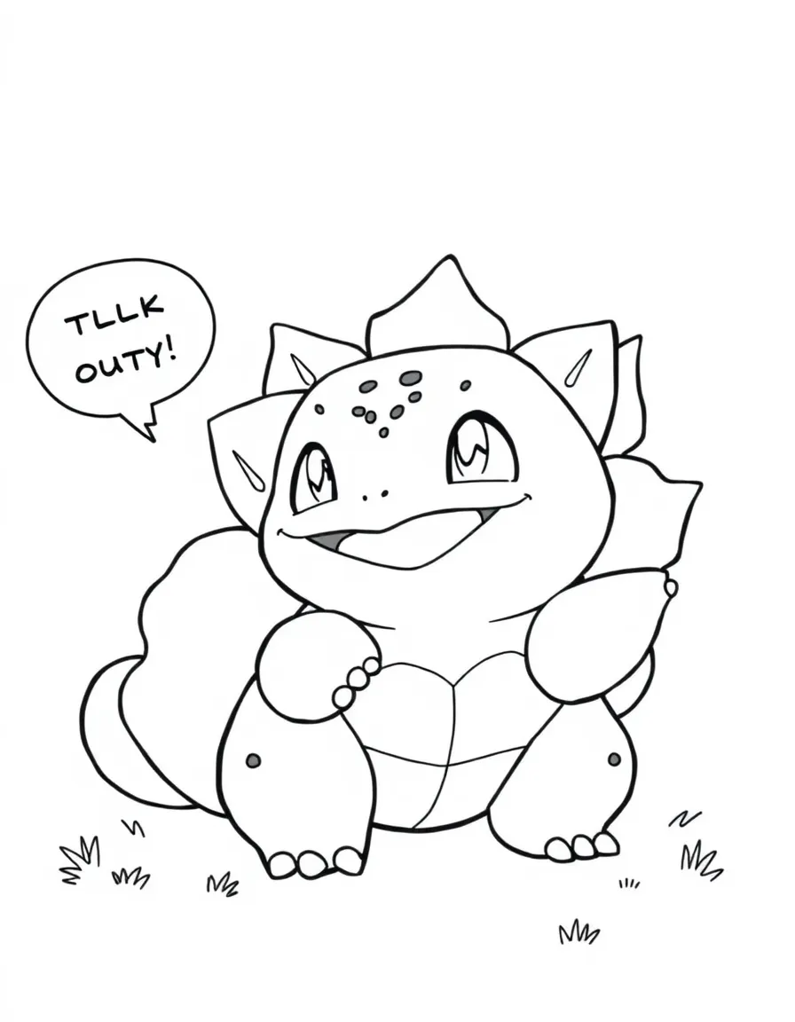 A cartoon-style drawing of Bulbasaur helping friends, with speech bubbles and cheerful faces.