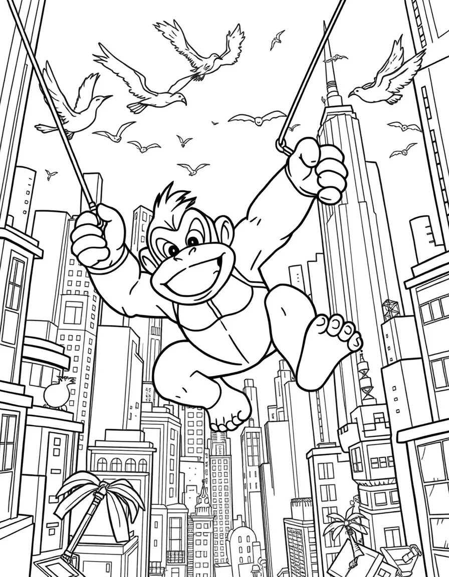 A fun and detailed coloring page of Donkey Kong swinging through a city full of tall buildings and birds.