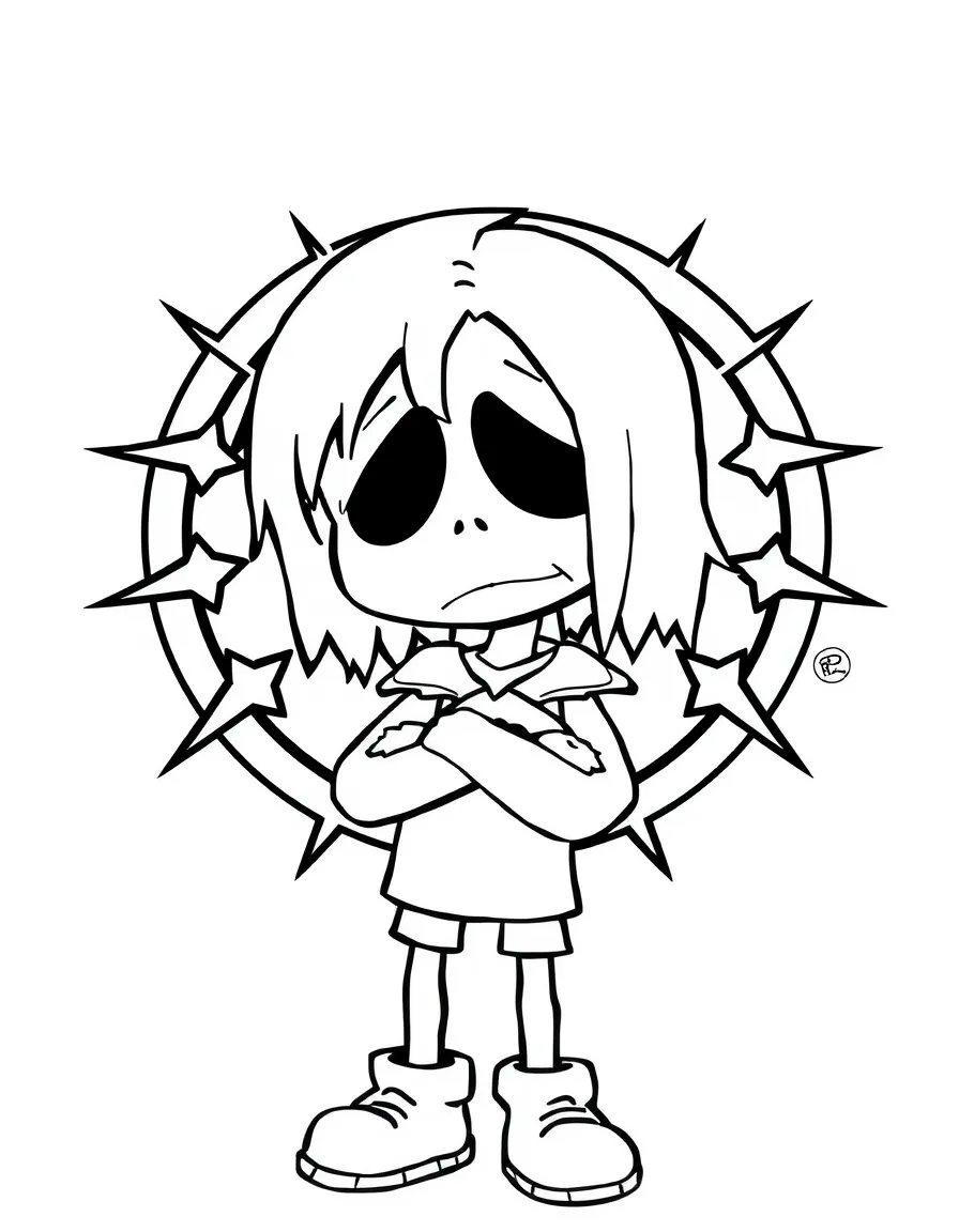 Sadness standing proudly in front of their iconic logo with stars and comic-style effects around.