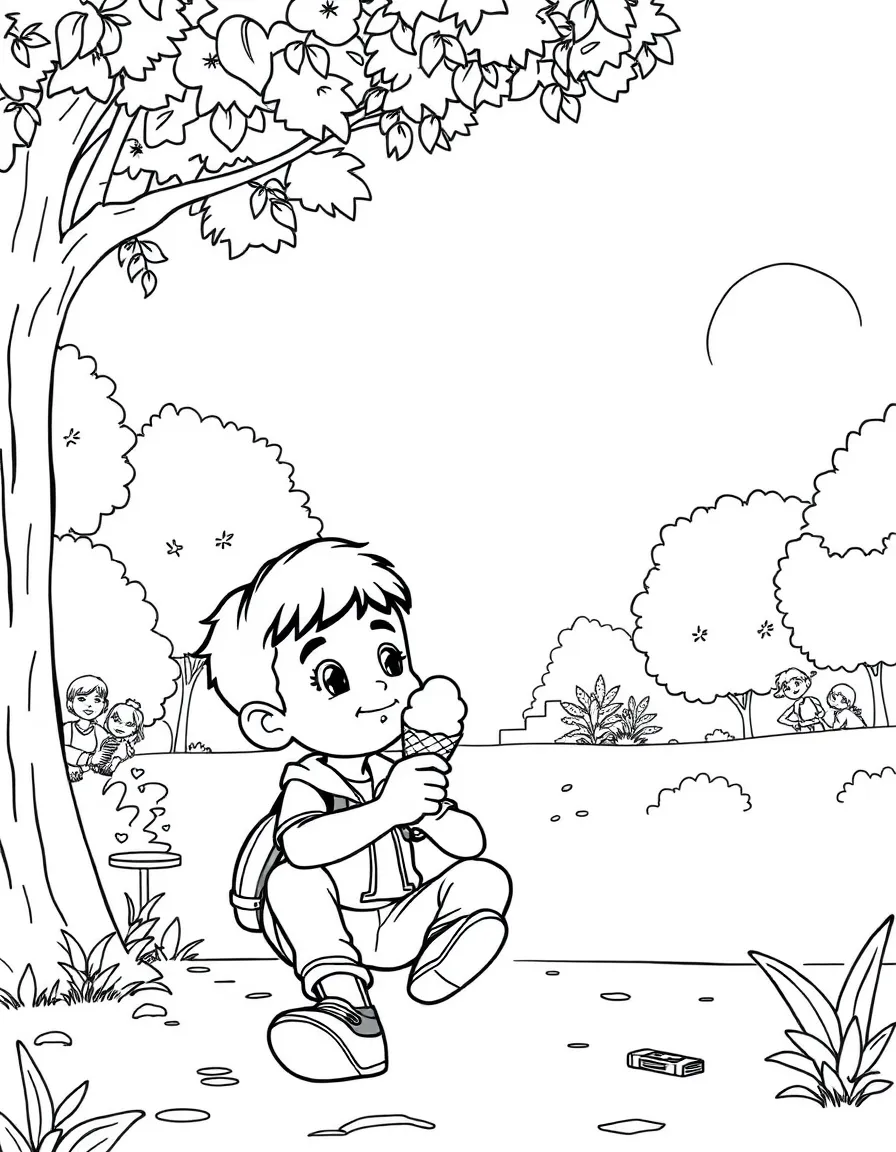Miguel enjoying a day off, eating ice cream or playing with friends in a park setting.