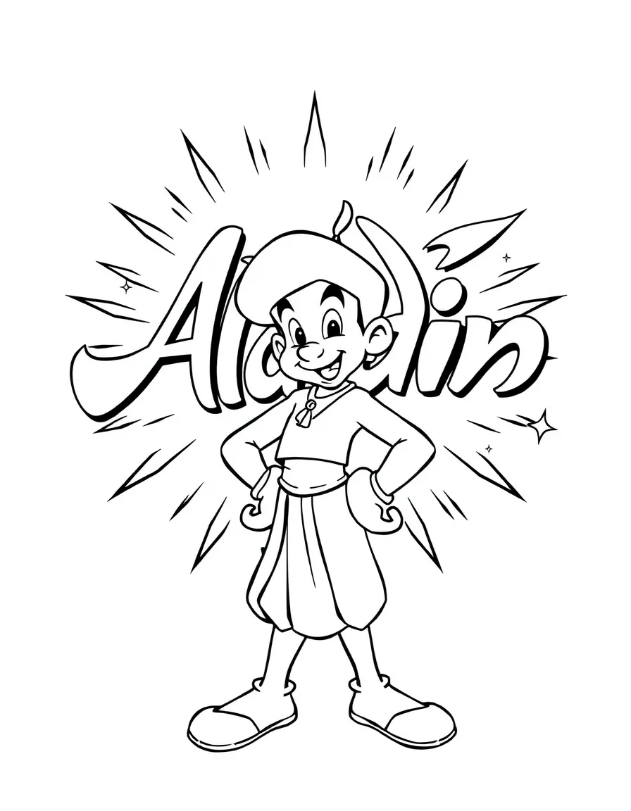 Aladdin standing proudly in front of their iconic logo with stars and comic-style effects around.