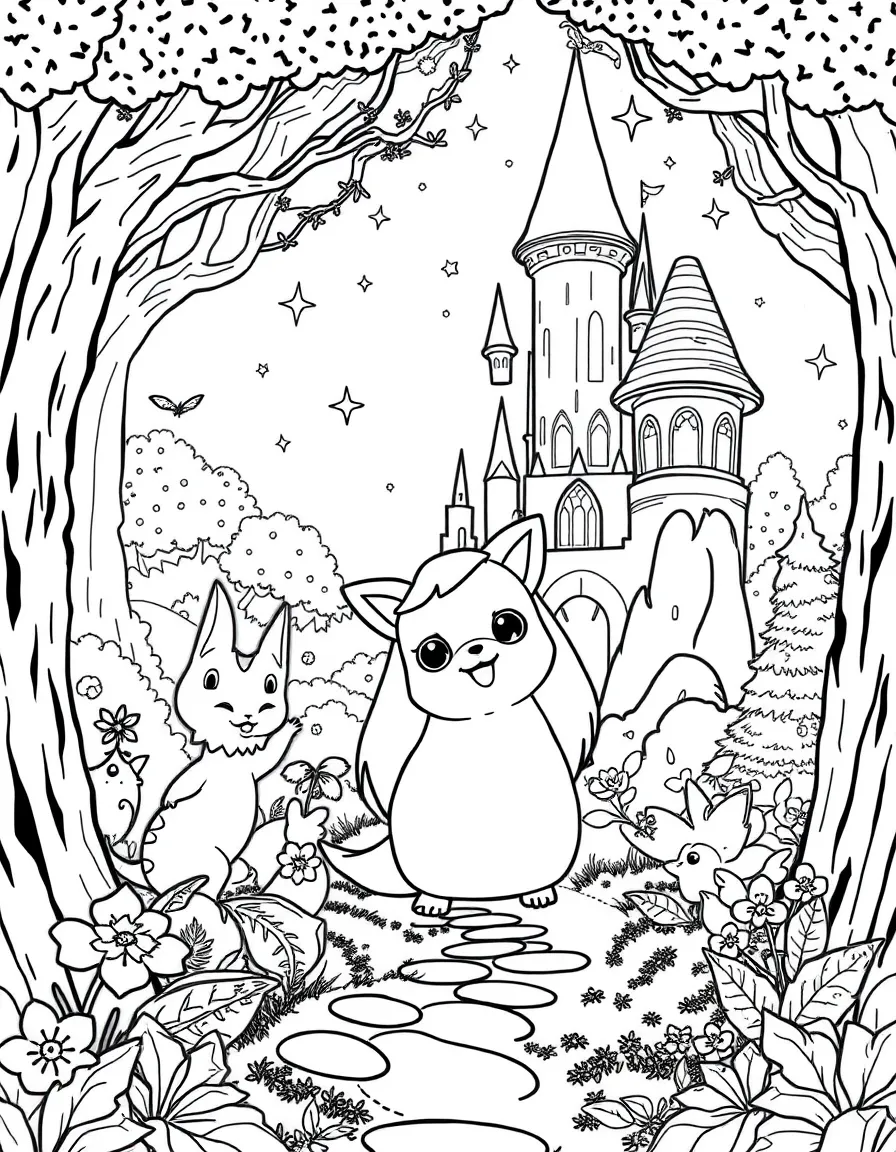 A fantasy background of Po in a magical forest or castle, with sparkles and mystical creatures.