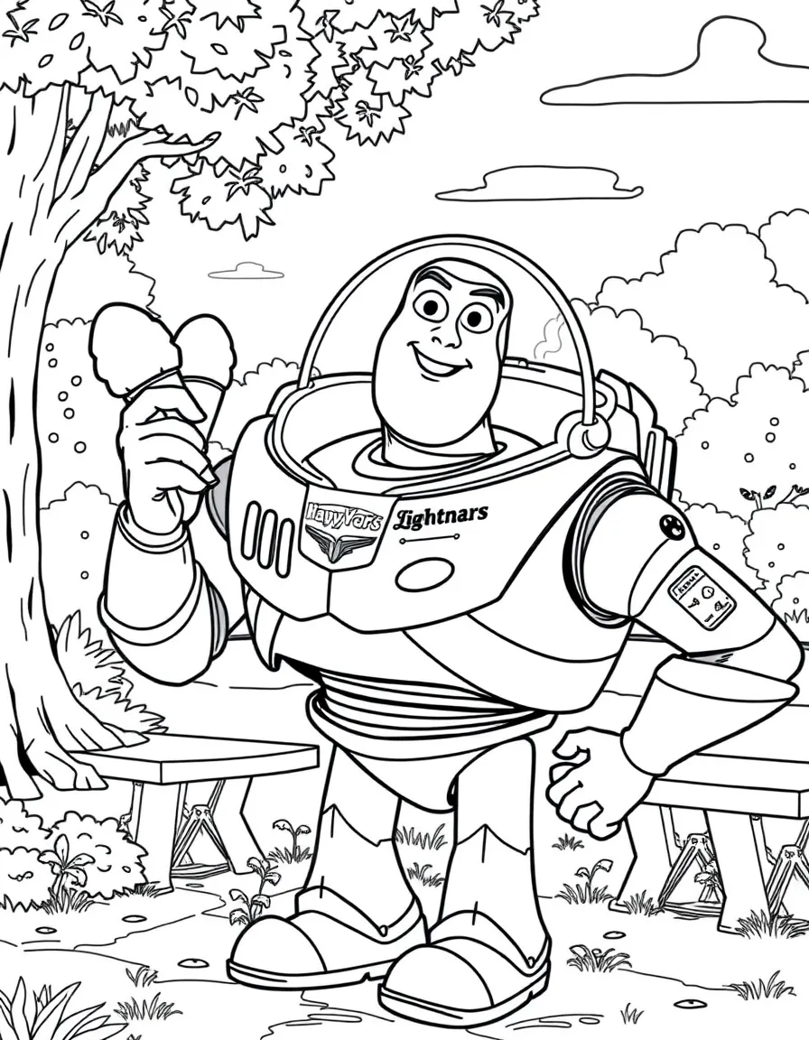 Buzz Lightyear enjoying a day off, eating ice cream or playing with friends in a park setting.