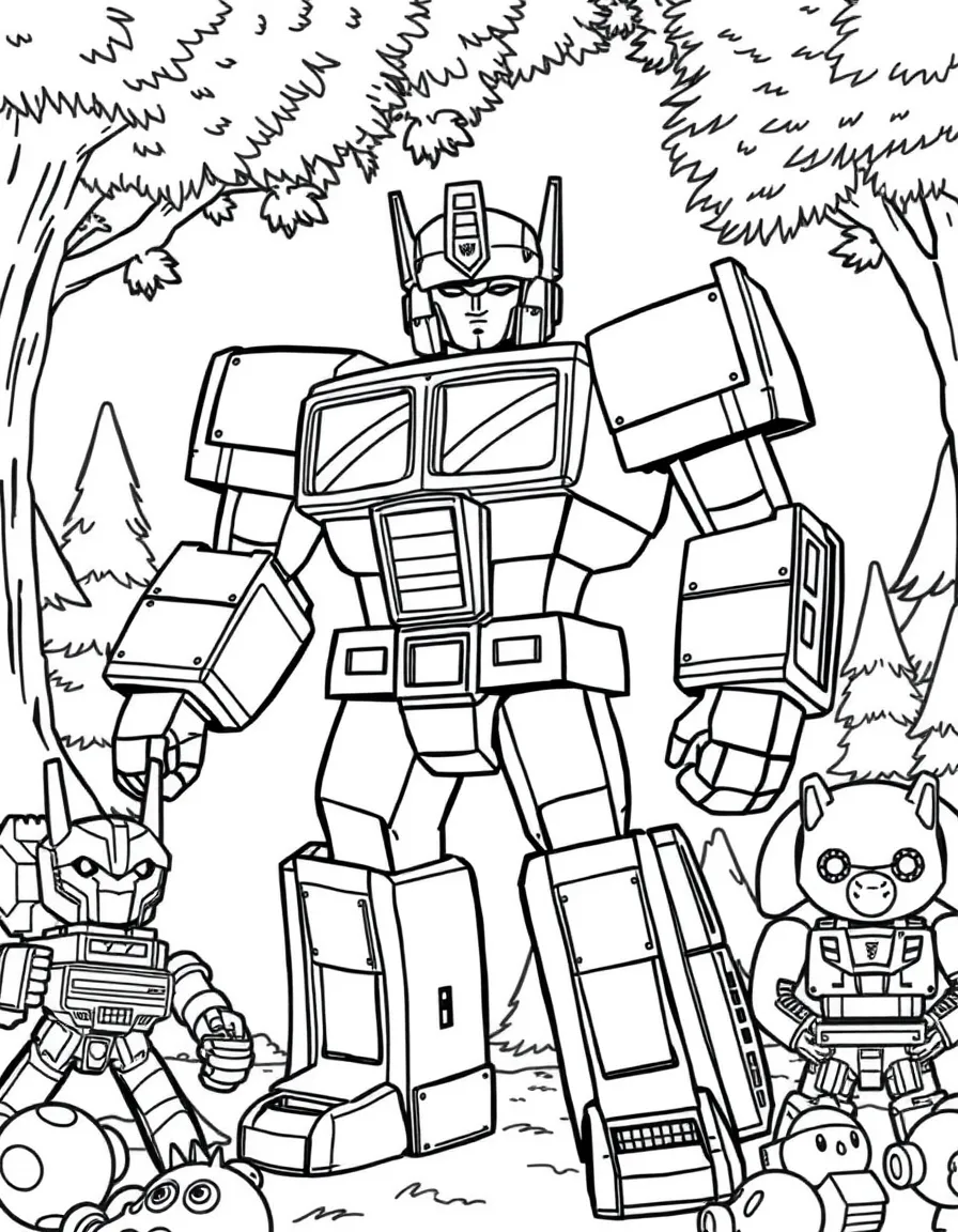 Optimus Prime smiling and posing with their sidekicks, surrounded by trees, toys, or fun backgrounds.