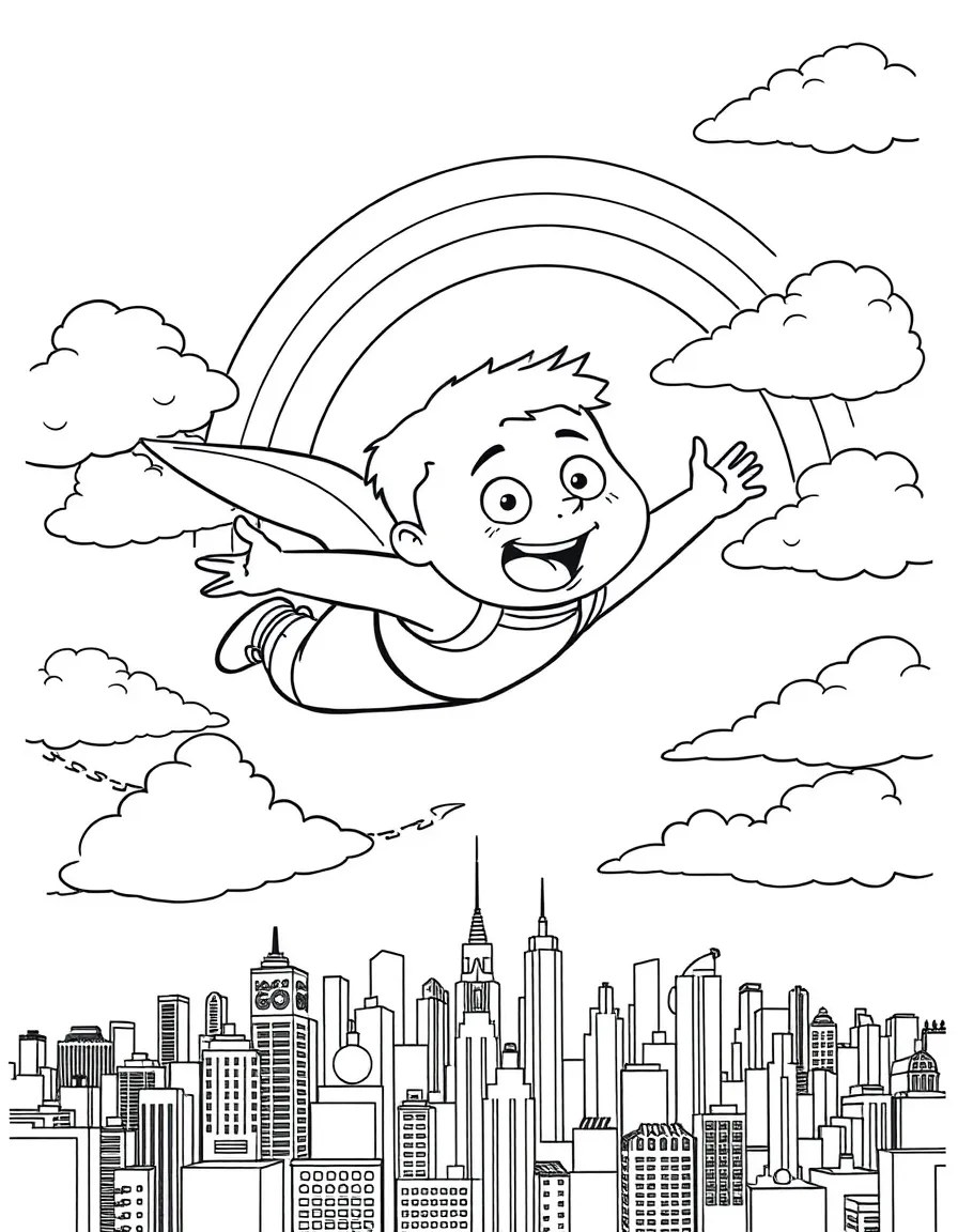 Gru flying through the clouds with a rainbow behind and city skyline below.