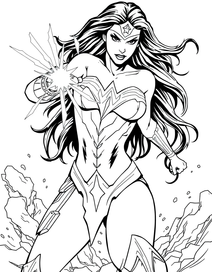 An action-packed scene of Wonder Woman using their special powers in a dramatic battle pose.