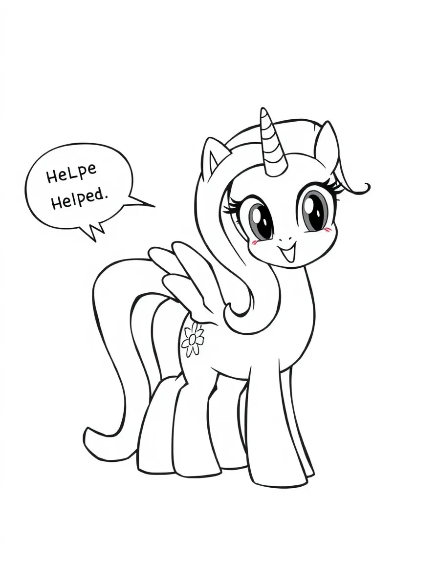 A cartoon-style drawing of Twilight Sparkle helping friends, with speech bubbles and cheerful faces.